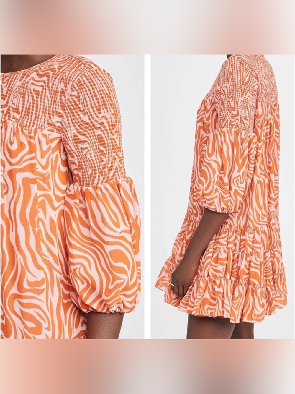 Cinq A Sept | Pink and Orange Zebra-Print Mini Dress | Smocked | size 4 - Picture 2 of 15
